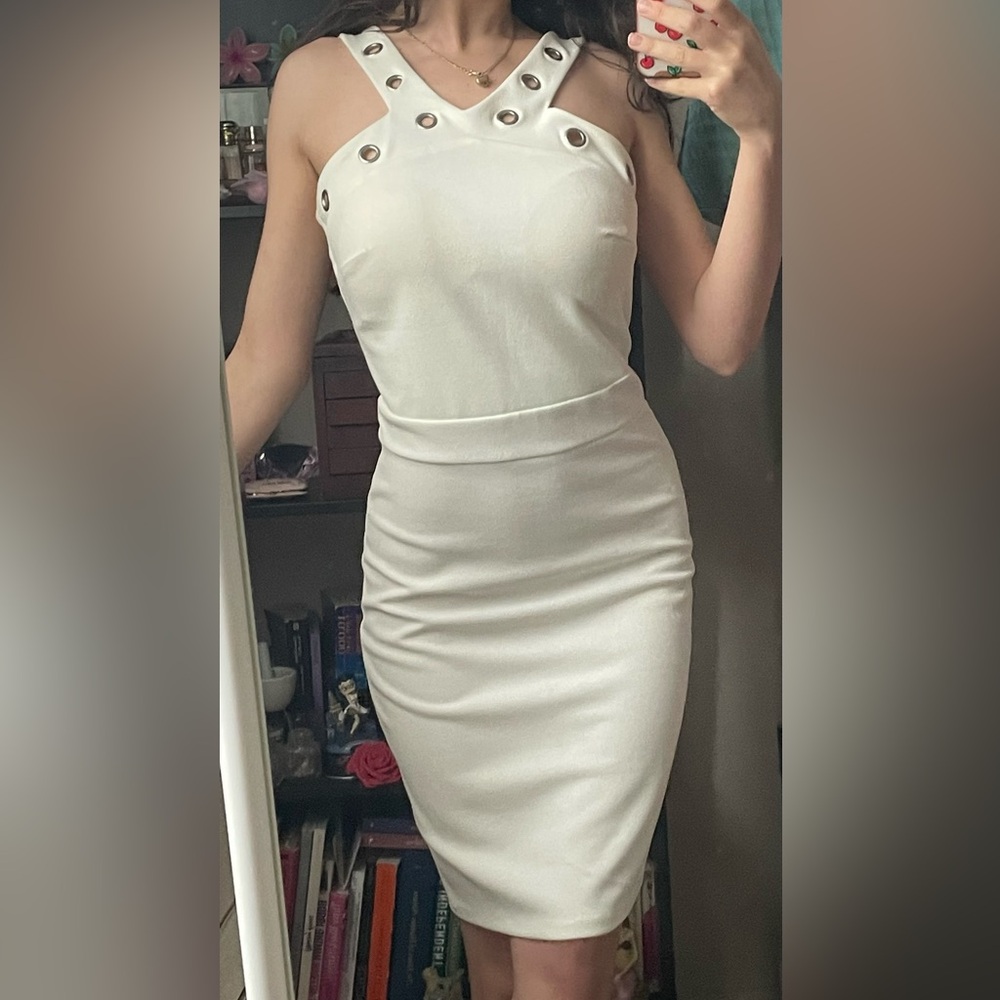 Padded White Embellished Halter Sheath Dress; Bridal